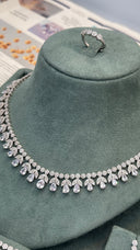 Close-up of Aviola bridal necklace and drop earring showing pear-cut cubic zirconia detail