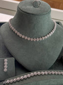 Detailed view of elegant bridal cluster necklace with closely set round zircon stones