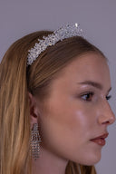 Front view of a bride wearing a silver-plated AAAA zircon tiara with graduated floral and leaf clusters