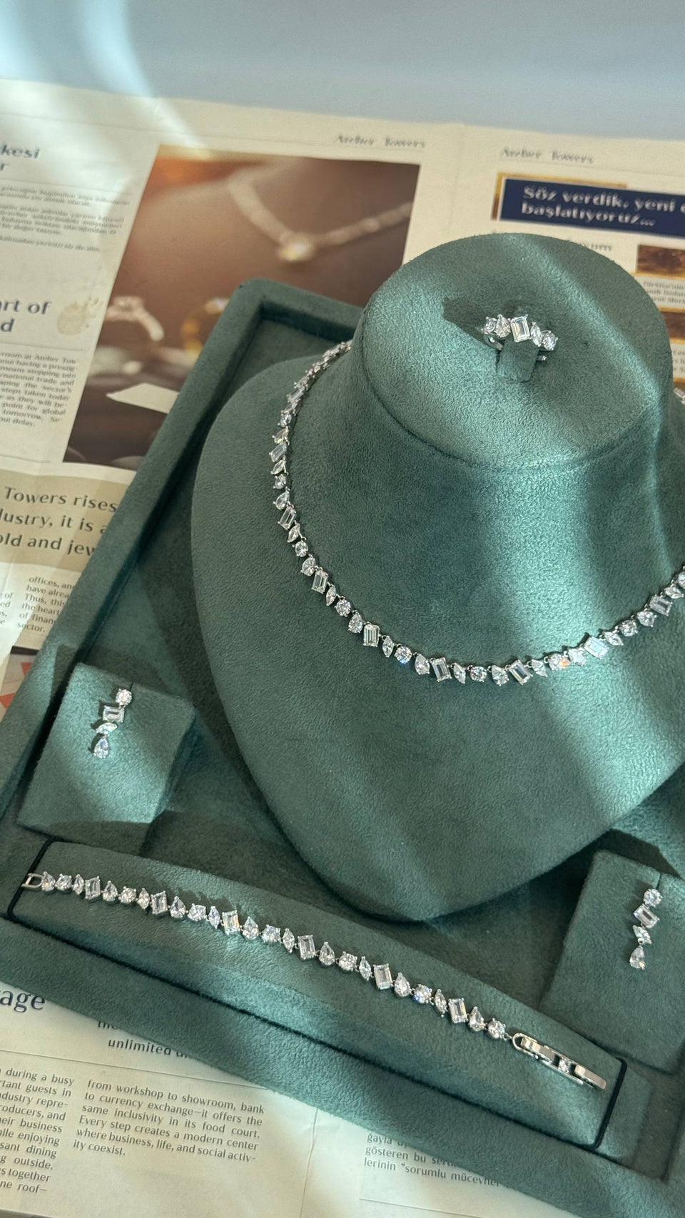 Bridal baguette necklace crystal detail close up wedding jewelry
