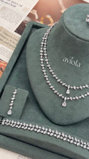 Double layer bridal necklace with marquise zircon stones and two pear cut teardrop pendants