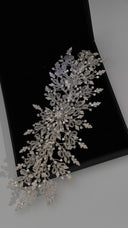 Full-length view of crystal pearl bridal hair vine with flexible wired branches in silver