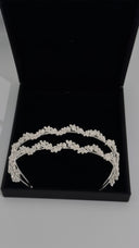 Front view of silver wedding headband featuring double row leaf crystals