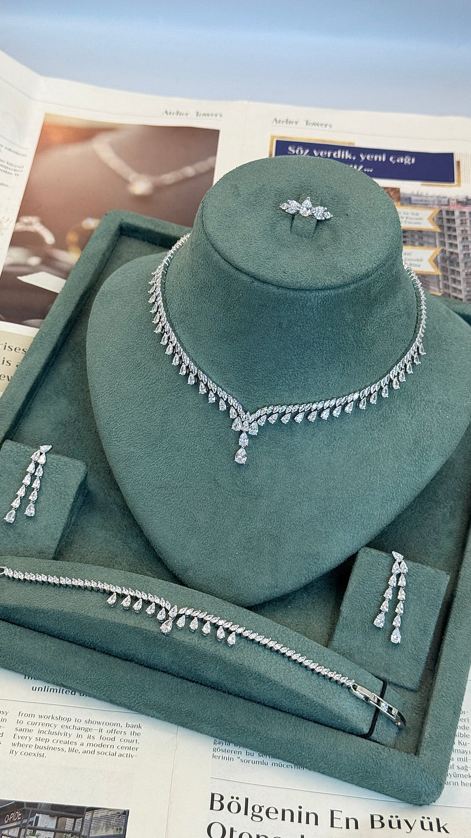 Close up bridal teardrop necklace with sparkling zircon stones for elegant wedding look