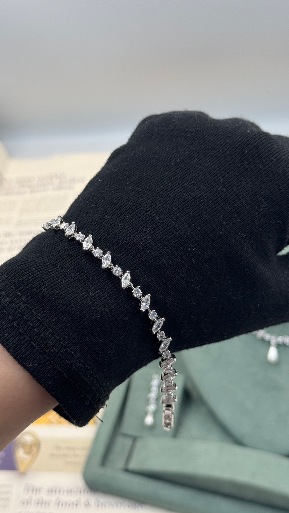Detailed view of bridal bracelet with crystal stones