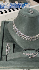 Teardrop zircon wedding necklace with matching bridal earrings, open cuff bracelet and adjustable leaf ring