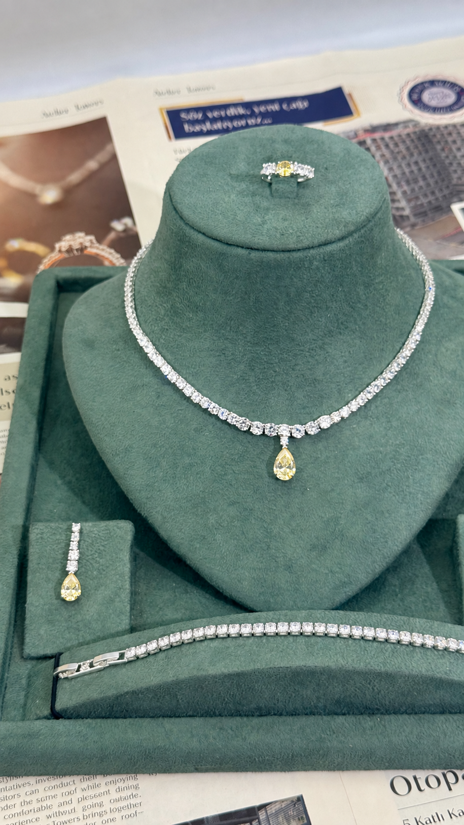 Complete bridal wedding jewelry set with a yellow teardrop tennis necklace, matching earrings, bracelet and adjustable ring