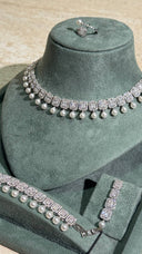 Close-up bridal zircon and pearl choker showing rhodium plated luxury finish