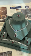 Arezzo Ruby Bridal Jewelry Set – Red Zircon Necklace, Earrings, Bracelet & Ring