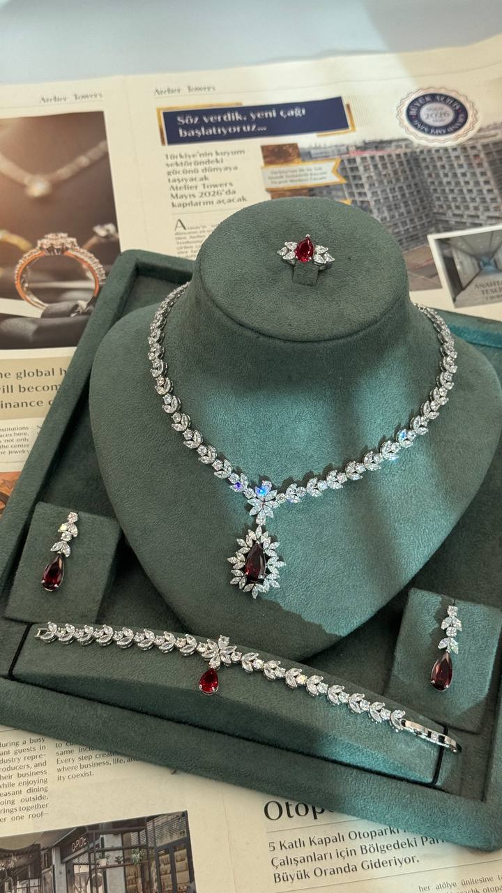Arezzo Ruby Bridal Jewelry Set – Red Zircon Necklace, Earrings, Bracelet & Ring