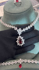 Arezzo Ruby Bridal Jewelry Set – Red Zircon Necklace, Earrings, Bracelet & Ring