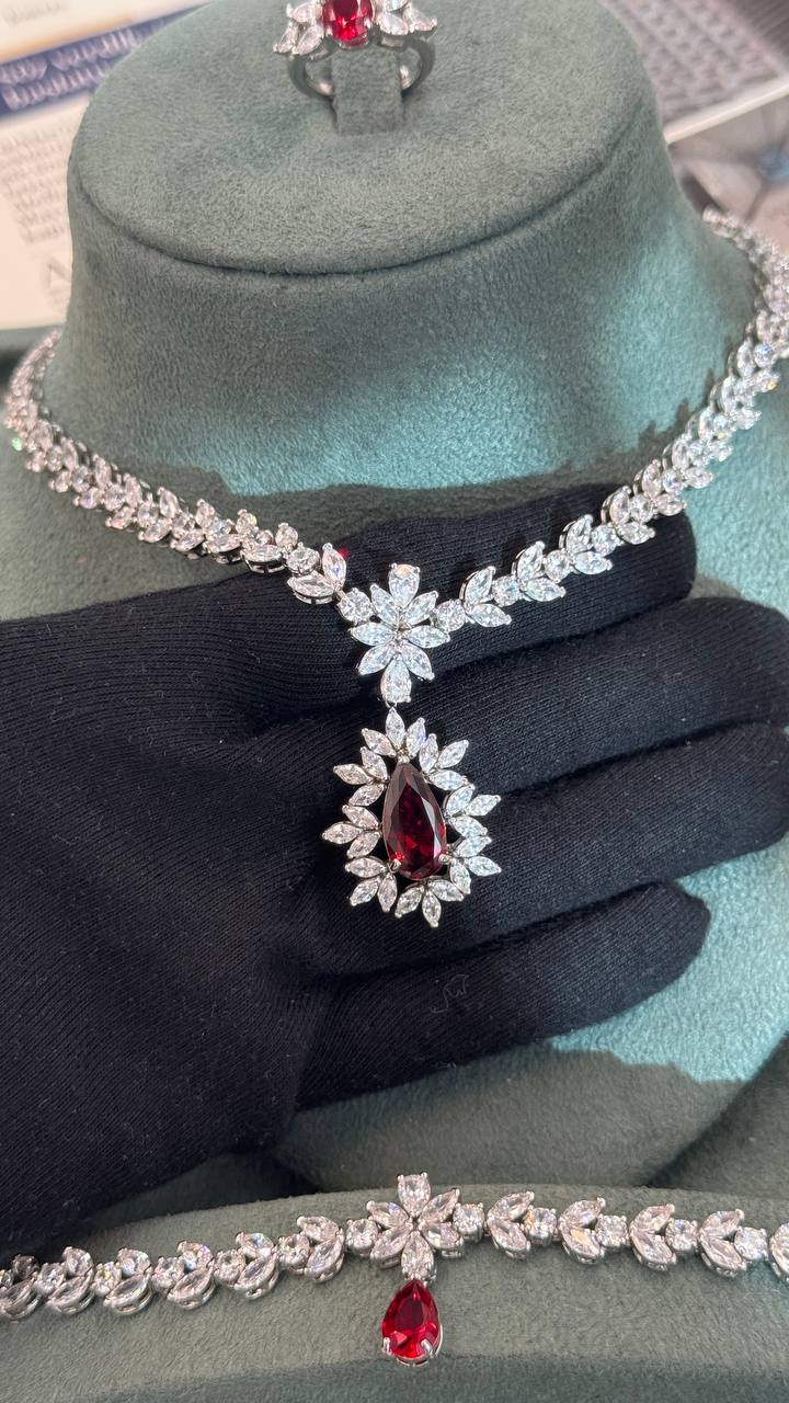 Arezzo Ruby Bridal Jewelry Set – Red Zircon Necklace, Earrings, Bracelet & Ring