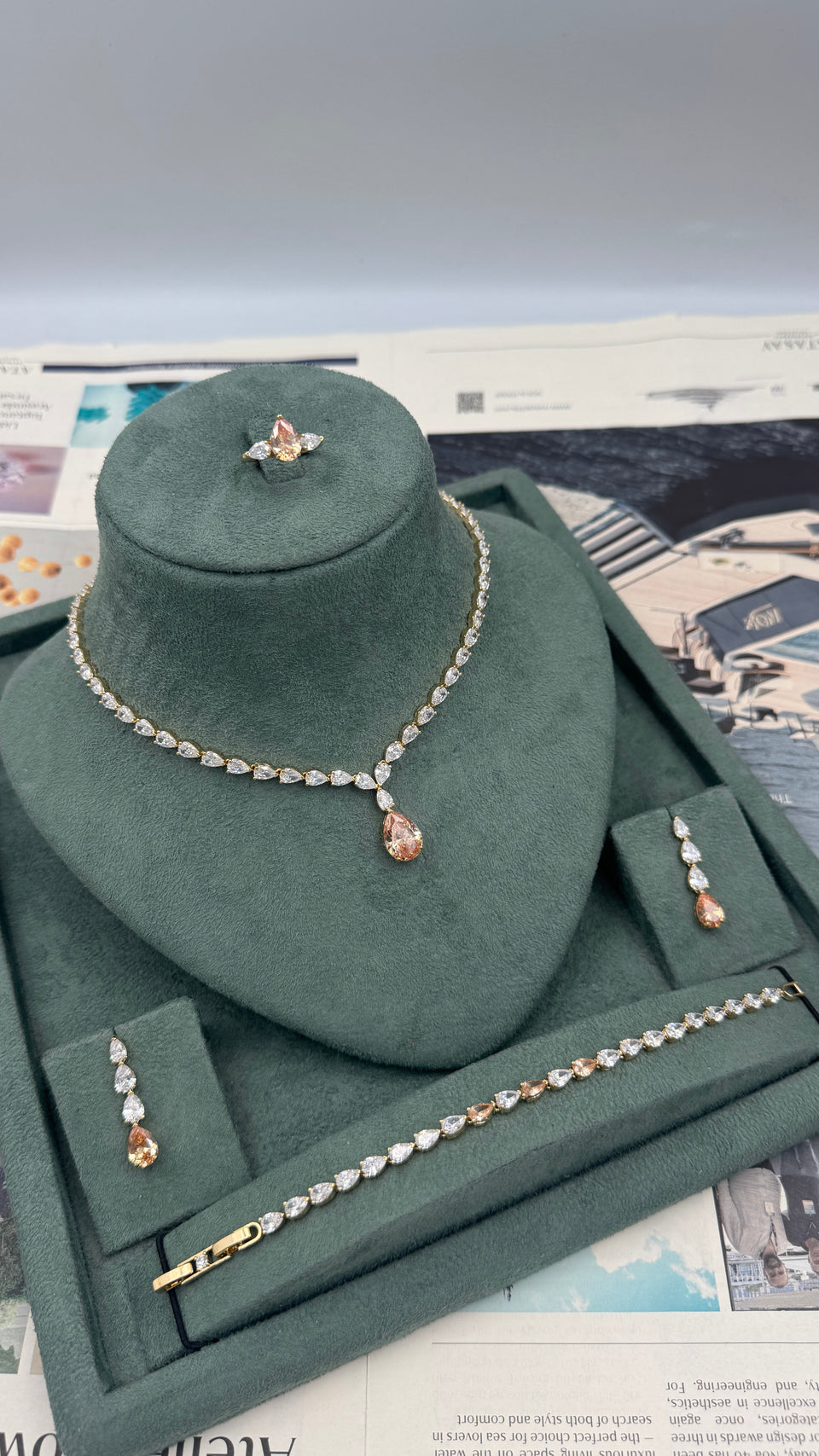 Gold plated pear cut bridal tennis jewelry set with champagne necklace earrings bracelet and ring
