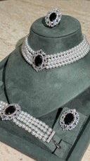 Matching bridal earrings and ring with black zircon and pearl luxury design
