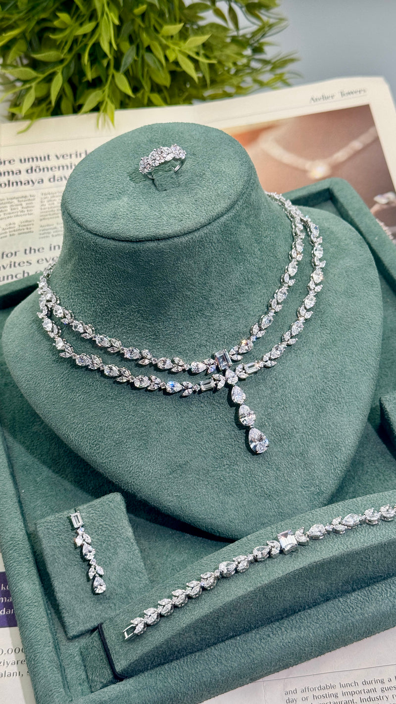 Paris Luxury Layered Bridal Necklace Set, Double Layer Crystal Wedding Jewelry, Teardrop Pendant Necklace, Elegant Bridesmaid Gift