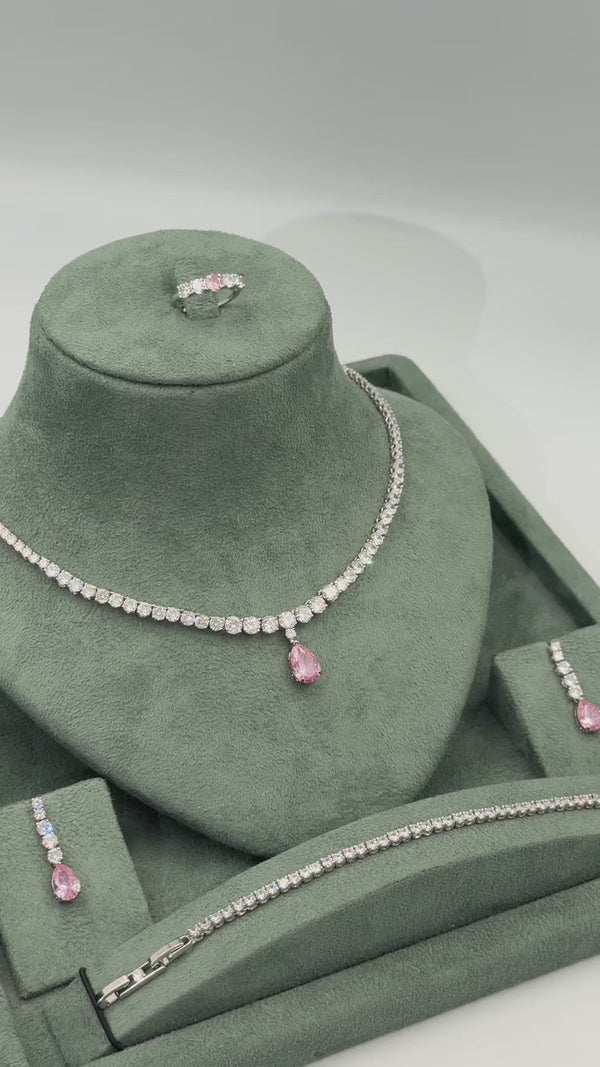 Valenne pink teardrop bridal jewelry set video showing the tennis necklace matching earrings bracelet and adjustable ring