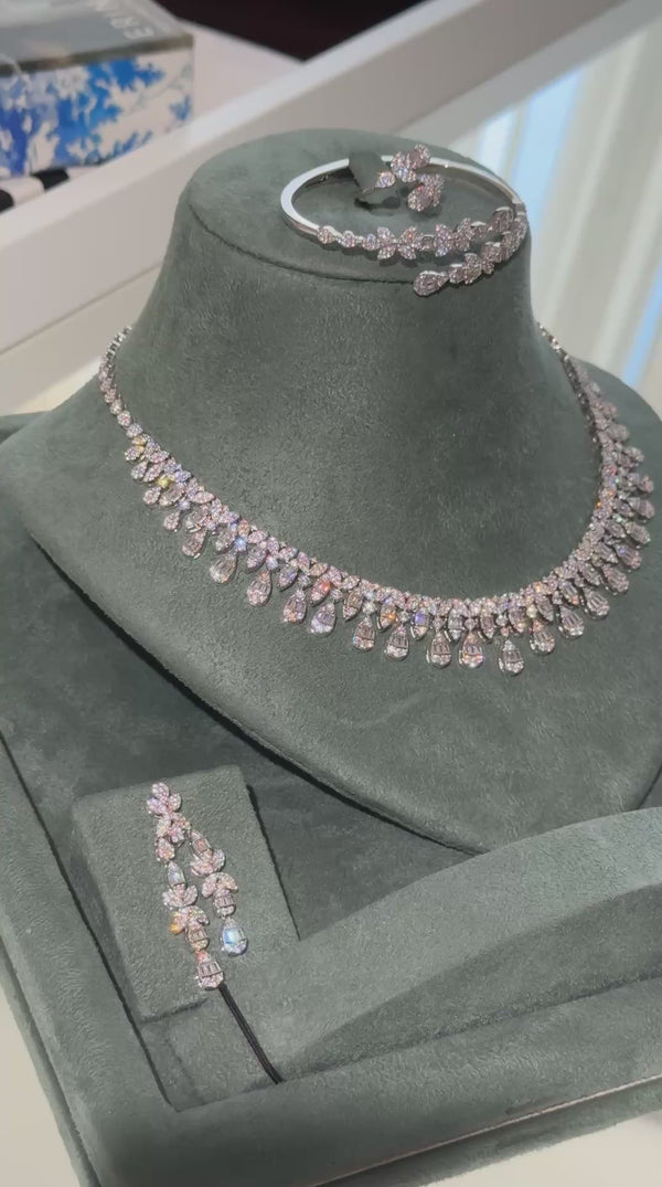 Orlena bridal wedding jewelry set video showing the teardrop fringe necklace, drop earrings, open cuff bracelet and adjustable ring.