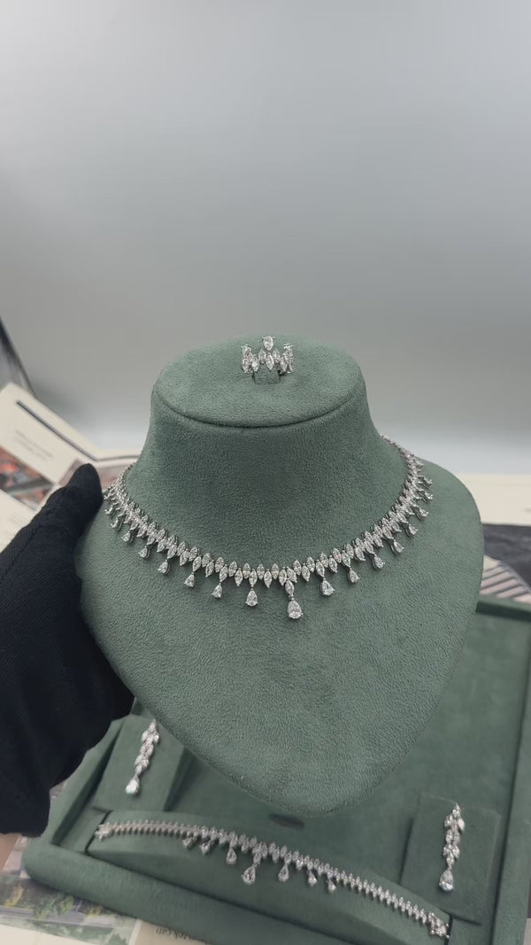 Selvara bridal wedding jewelry set video showing the marquise leaf fringe necklace, long drop earrings, matching bracelet and adjustable ring