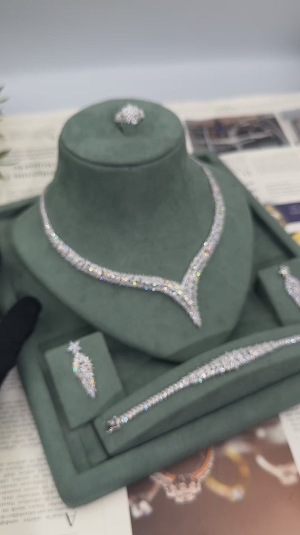 Alvara bridal wedding jewelry set video showing the marquise leaf V necklace, floral drop earrings, matching bracelet and adjustable ring