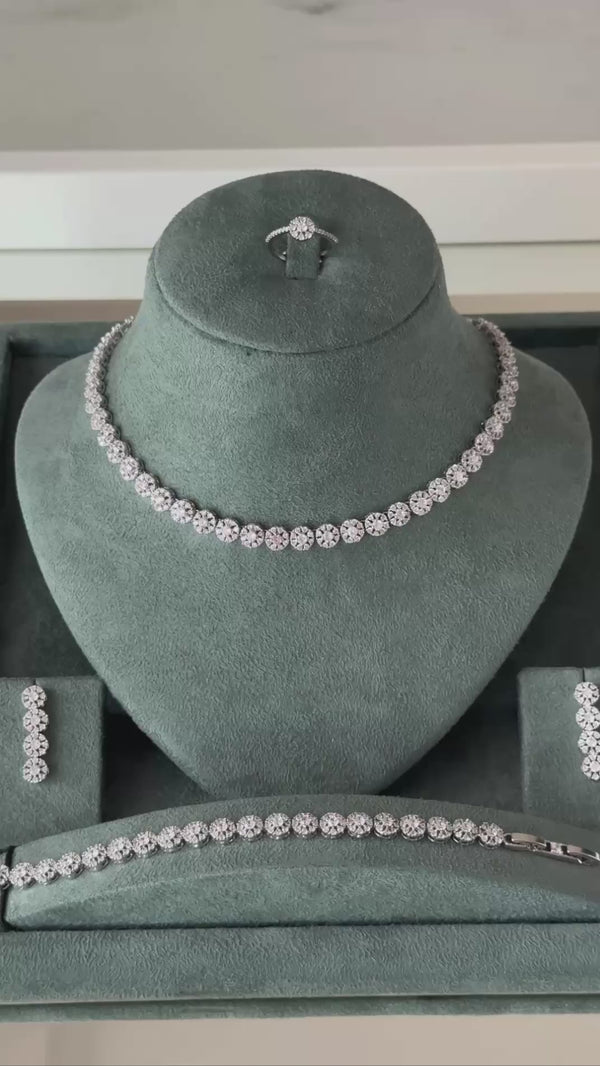 Luxury bridal jewelry set with round cluster necklace earrings bracelet and ring