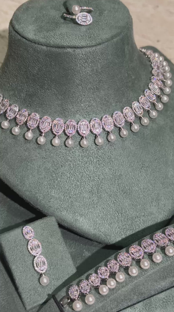 Luxury bridal pearl drop jewelry set with crystal zircon necklace earrings bracelet and ring