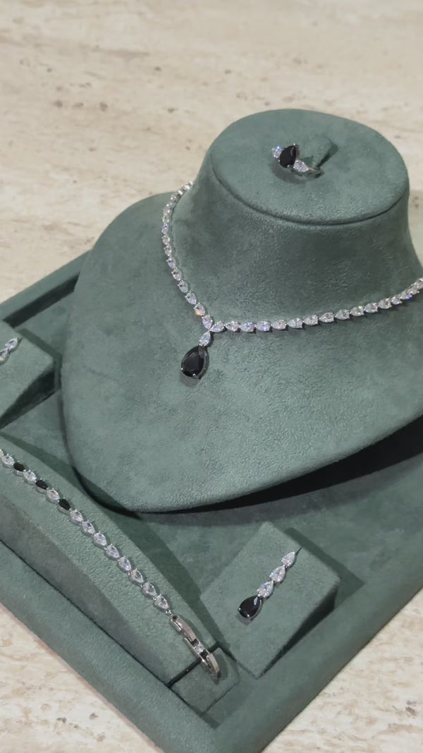Black bridal jewelry set with teardrop crystal necklace and elegant luxury wedding style