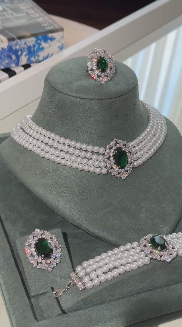 Luxury pearl bridal choker set with emerald green crystal Versailles wedding jewelry