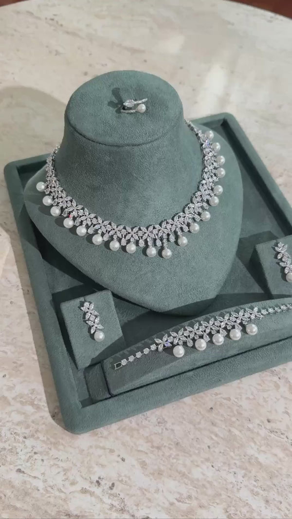 Aviola bridal pearl necklace jewelry set with crystal floral design and elegant shine