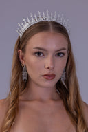 rhodium-plated wedding tiara featuring slender zircon spires and a baguette-lined base for a statement bridal look