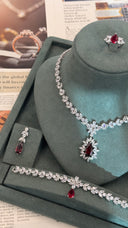 Arezzo Ruby Bridal Jewelry Set – Red Zircon Necklace, Earrings, Bracelet & Ring