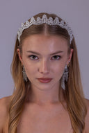 Front view of a luxury silver bridal tiara with balanced zircon leaves, designed as a statement wedding crown for brides