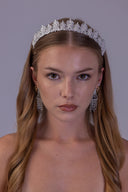 Elegant bridal tiara featuring graduated leaf crests and luminous clear AAAA zircon