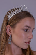 silver bridal crown with marquise zircon spires, decorative open loops and a structured baguette zircon base.