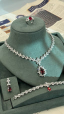 Arezzo Ruby Bridal Jewelry Set – Red Zircon Necklace, Earrings, Bracelet & Ring