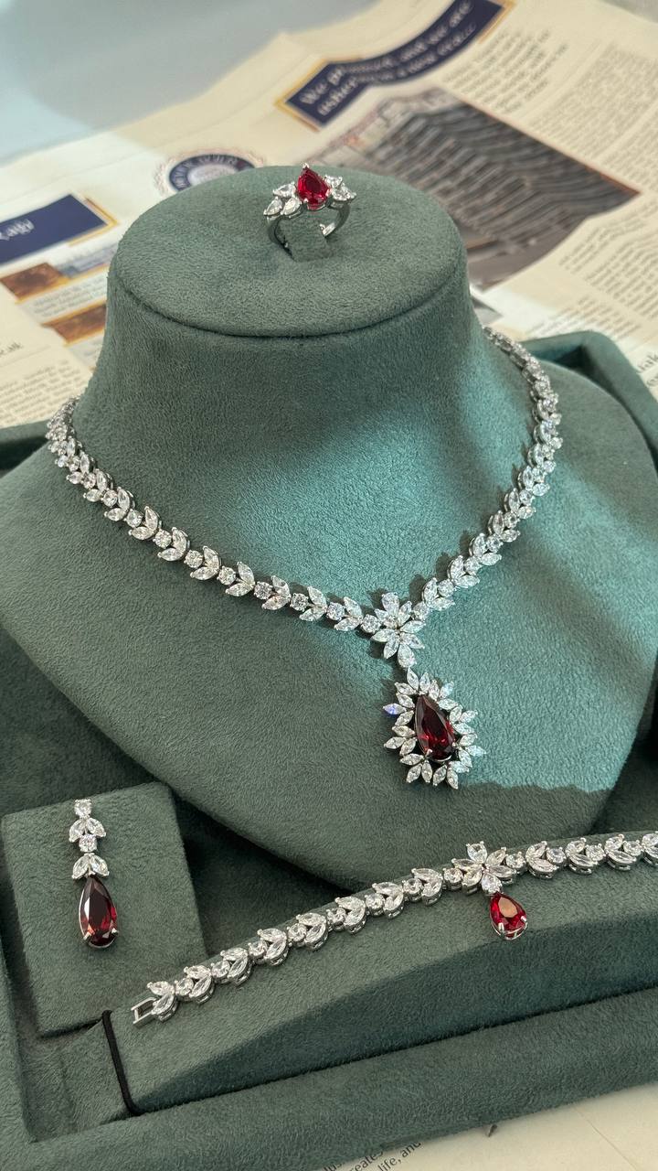 Arezzo Ruby Bridal Jewelry Set – Red Zircon Necklace, Earrings, Bracelet & Ring