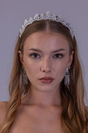 Zircon leaf wedding headpiece worn at an angle, highlighting the bridal tiara’s sparkling marquise stone arrangement