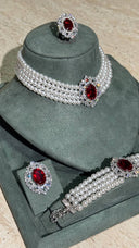 Luxury bridal pearl choker jewelry set with red zircon centerpiece and matching accessories