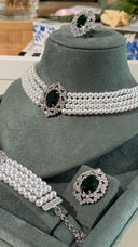 Versailles bridal pearl choker green stone necklace wedding jewelry set