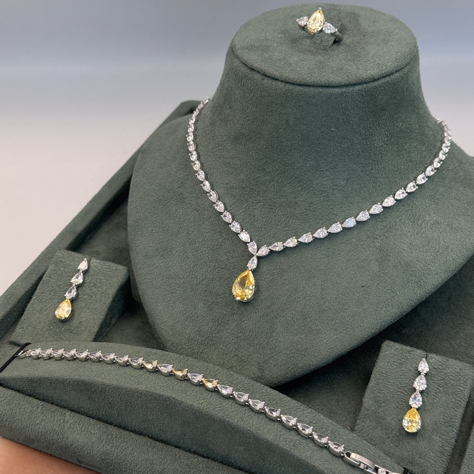 Bridal yellow wedding jewelry set front view elegant bride look